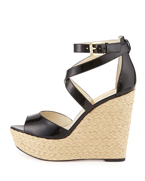 michael michael kors gabriella patent leather wedge sandal black|michael michael kors gabriella wedge black patent jute .